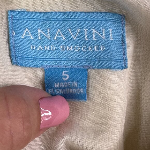 Vintage Anavini Hand Smocked Size 5 Beige Short Sleeeves Pleated Dress Midi Line - Picture 10 of 12